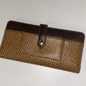 Fossil brown & spotted leather bifold snap long wallet